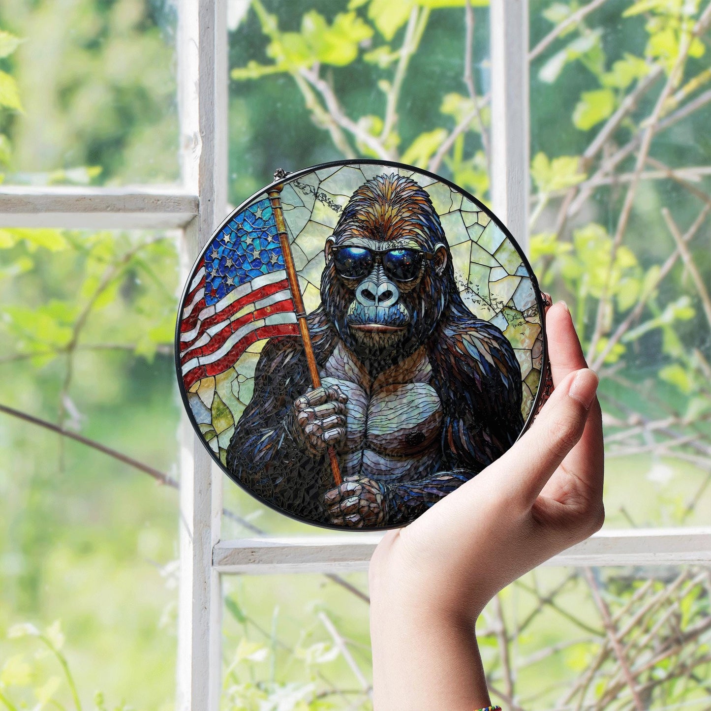 Gorilla Holding US Flag Stained Glass Round Window Suncatcher Patriotic Home Decor Gift for Him Independence Day Dad