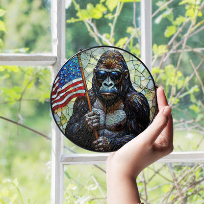 Gorilla Holding US Flag Stained Glass Round Window Suncatcher Patriotic Home Decor Gift for Him Independence Day Dad