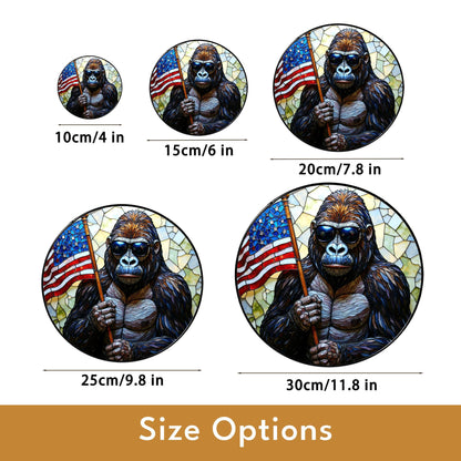Gorilla Holding US Flag Stained Glass Round Window Suncatcher Patriotic Home Decor Gift for Him Independence Day Dad