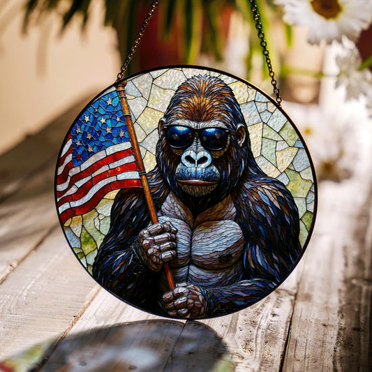 Gorilla Holding US Flag Stained Glass Round Window Suncatcher Patriotic Home Decor Gift for Him Independence Day Dad