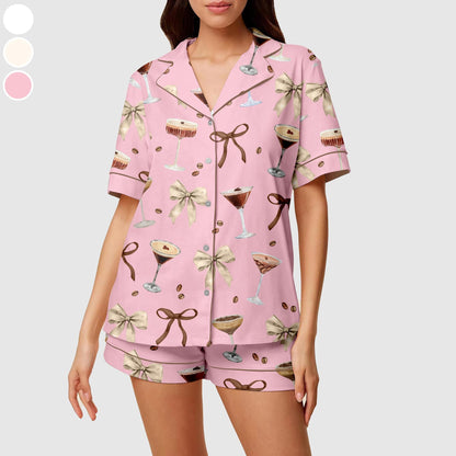 Espresso Martini Short Satin Pajama, Espresso Short Sleeve Sleepwear, Champagne Cocktail Satin Sleepwear, Silk Pajamas, Bridal Party Pajamas