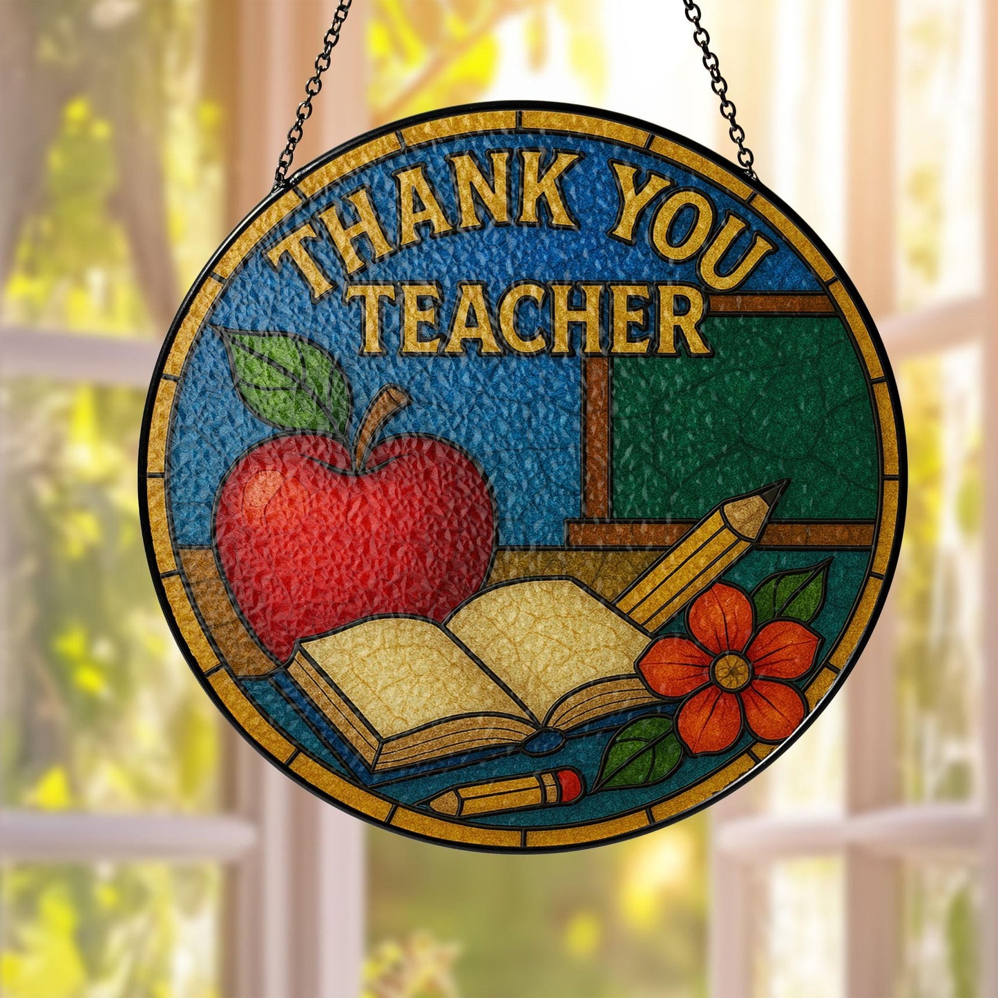 Thank You Teacher Glass Suncatcher, Teacher Appreciation Suncatcher, Thank You Gift for Teacher, Floral Glass Hanging, End of Year Gift