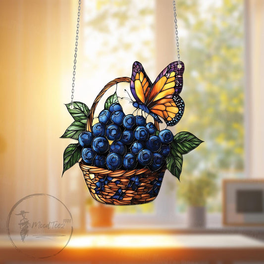 Blueberry Basket Window Hanging, Cottagecore Kitchen Decor, Summer Fruit Gift, Butterfly Accent Art, Gift for Her or Garden Love