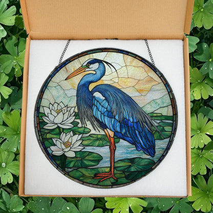 Blue Heron Stained Glass Suncatcher, Birds Lover Gift, Peaceful Art Window Hanging Decor, Bird Glass Suncatcher, Blue Heron Lovers Presents