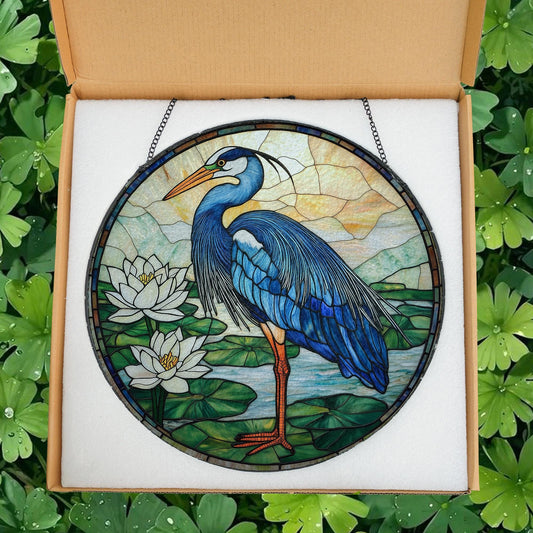 Blue Heron Stained Glass Suncatcher, Birds Lover Gift, Peaceful Art Window Hanging Decor, Bird Glass Suncatcher, Blue Heron Lovers Presents
