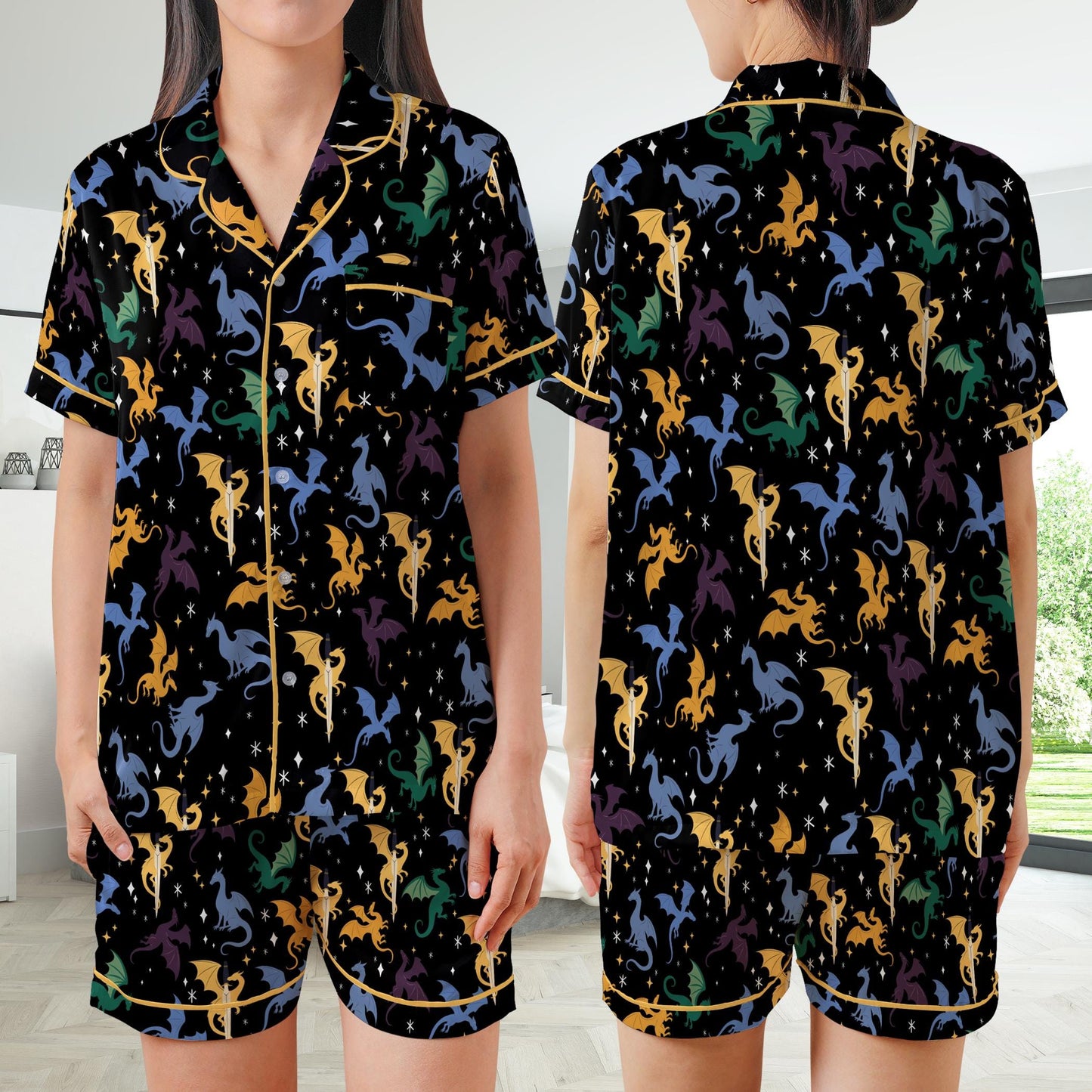 Mystic Dragon Pajamas Set, Cute Bookish Pajama Sleepwear Short Long Sleeve Pajama Set, Retro Fantasy Reader Home Wear, Girl Romantasy Set