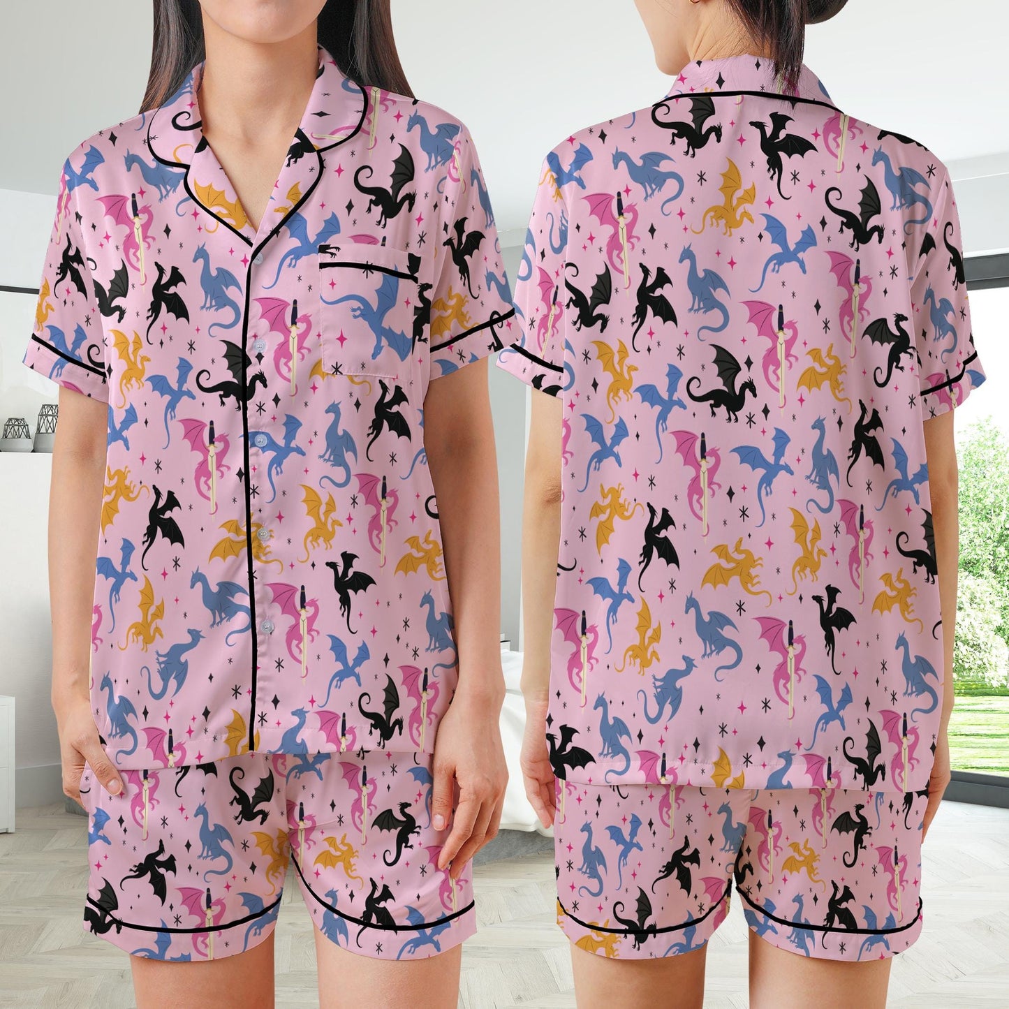 Mystic Dragon Pajamas Set, Cute Bookish Pajama Sleepwear Short Long Sleeve Pajama Set, Retro Fantasy Reader Home Wear, Girl Romantasy Set