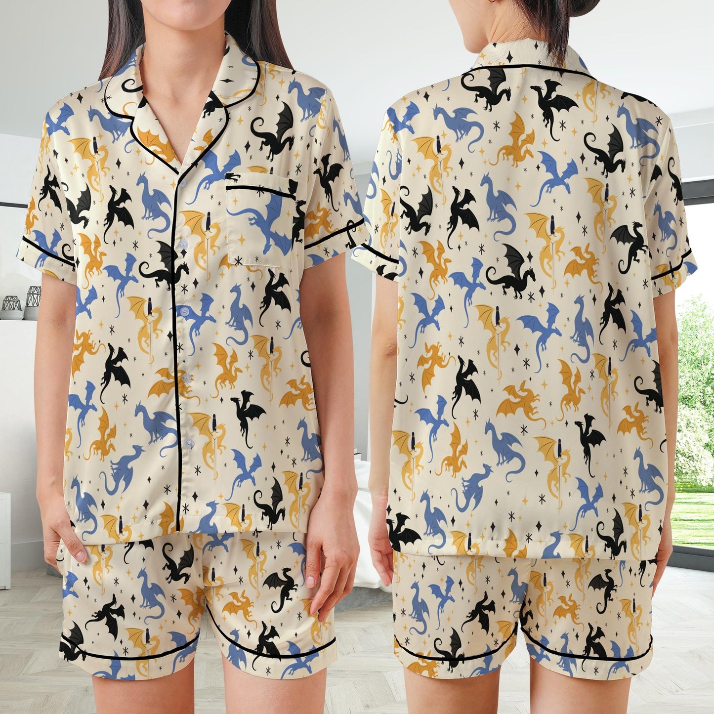 Mystic Dragon Pajamas Set, Cute Bookish Pajama Sleepwear Short Long Sleeve Pajama Set, Retro Fantasy Reader Home Wear, Girl Romantasy Set