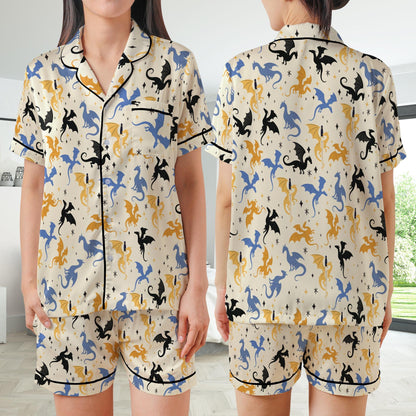 Mystic Dragon Pajamas Set, Cute Bookish Pajama Sleepwear Short Long Sleeve Pajama Set, Retro Fantasy Reader Home Wear, Girl Romantasy Set