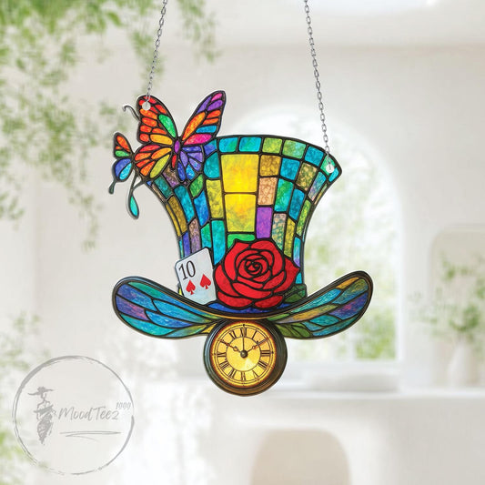 Tea Party Hat Window Hanging Acrylic, Alice in Wonderland Fantasy Decor Gift for Dreamers, Mad Hat Clock Ornament with Rose and Butterfly