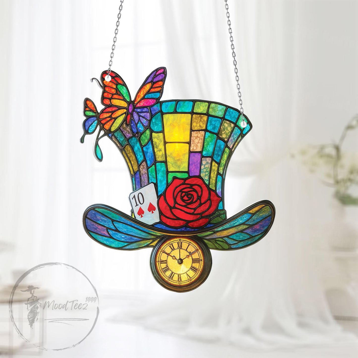 Tea Party Hat Window Hanging Acrylic, Alice in Wonderland Fantasy Decor Gift for Dreamers, Mad Hat Clock Ornament with Rose and Butterfly