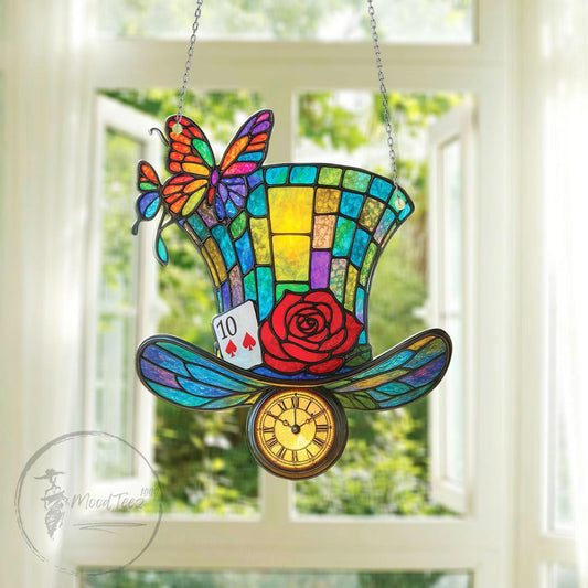 Tea Party Hat Window Hanging Acrylic, Alice in Wonderland Fantasy Decor Gift for Dreamers, Mad Hat Clock Ornament with Rose and Butterfly
