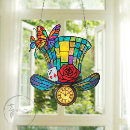 Tea Party Hat Window Hanging Acrylic, Alice in Wonderland Fantasy Decor Gift for Dreamers, Mad Hat Clock Ornament with Rose and Butterfly