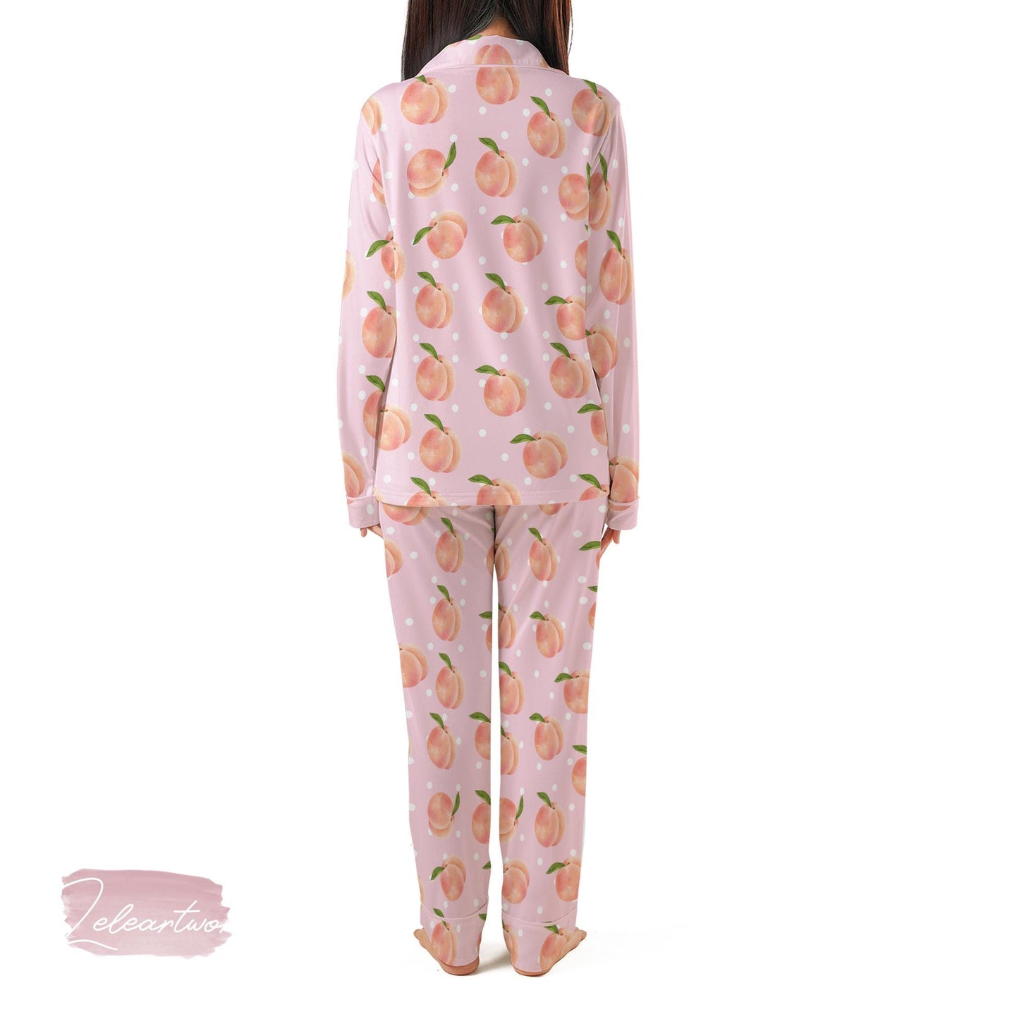 Peach Peel Set | Silky Satin Pajama Set for Women | Cute Fruit Print Lounge Set | Pink Peach Polka Dot Sleepwear | Summer Gift Idea