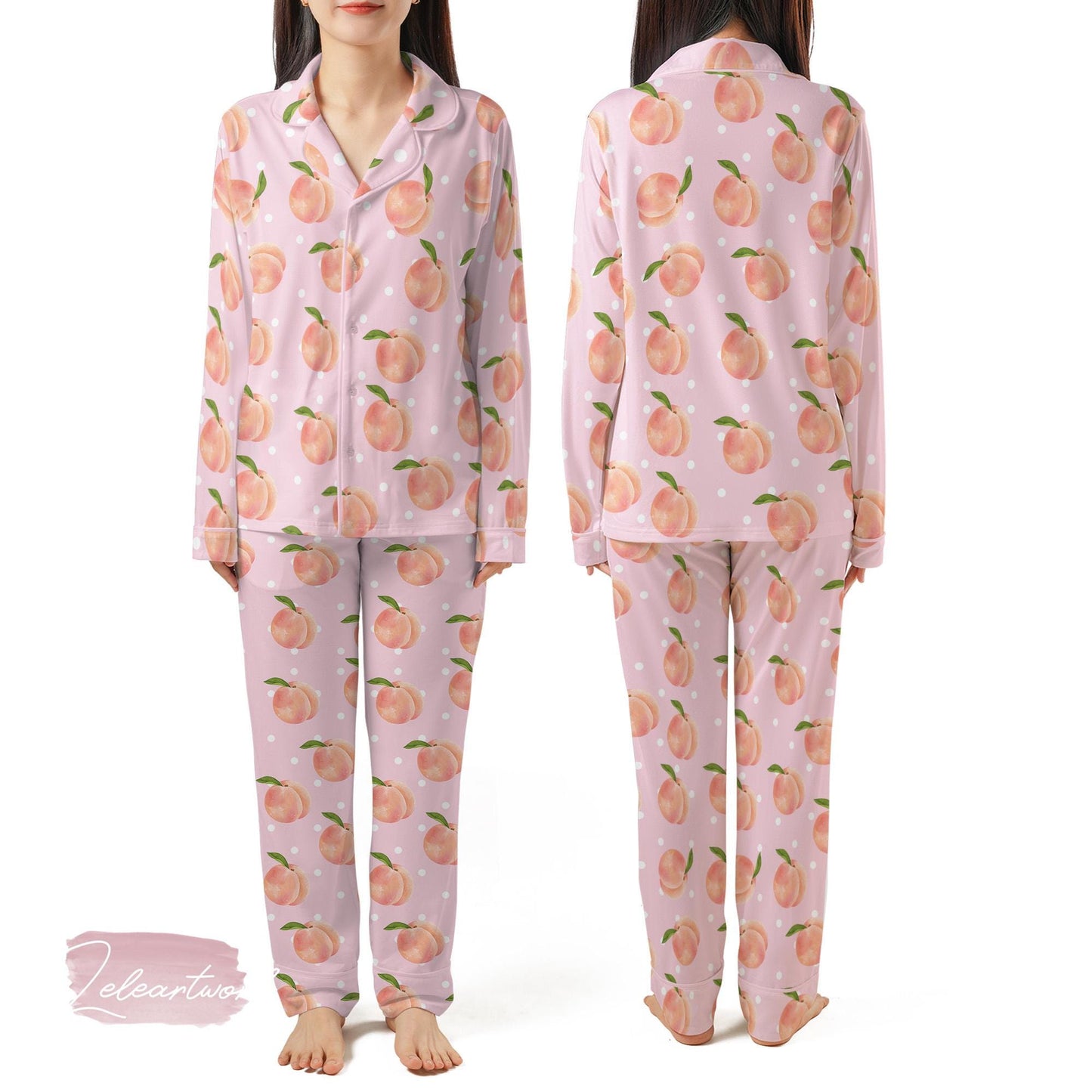 Peach Peel Set | Silky Satin Pajama Set for Women | Cute Fruit Print Lounge Set | Pink Peach Polka Dot Sleepwear | Summer Gift Idea