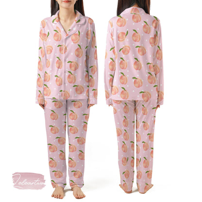 Peach Peel Set | Silky Satin Pajama Set for Women | Cute Fruit Print Lounge Set | Pink Peach Polka Dot Sleepwear | Summer Gift Idea
