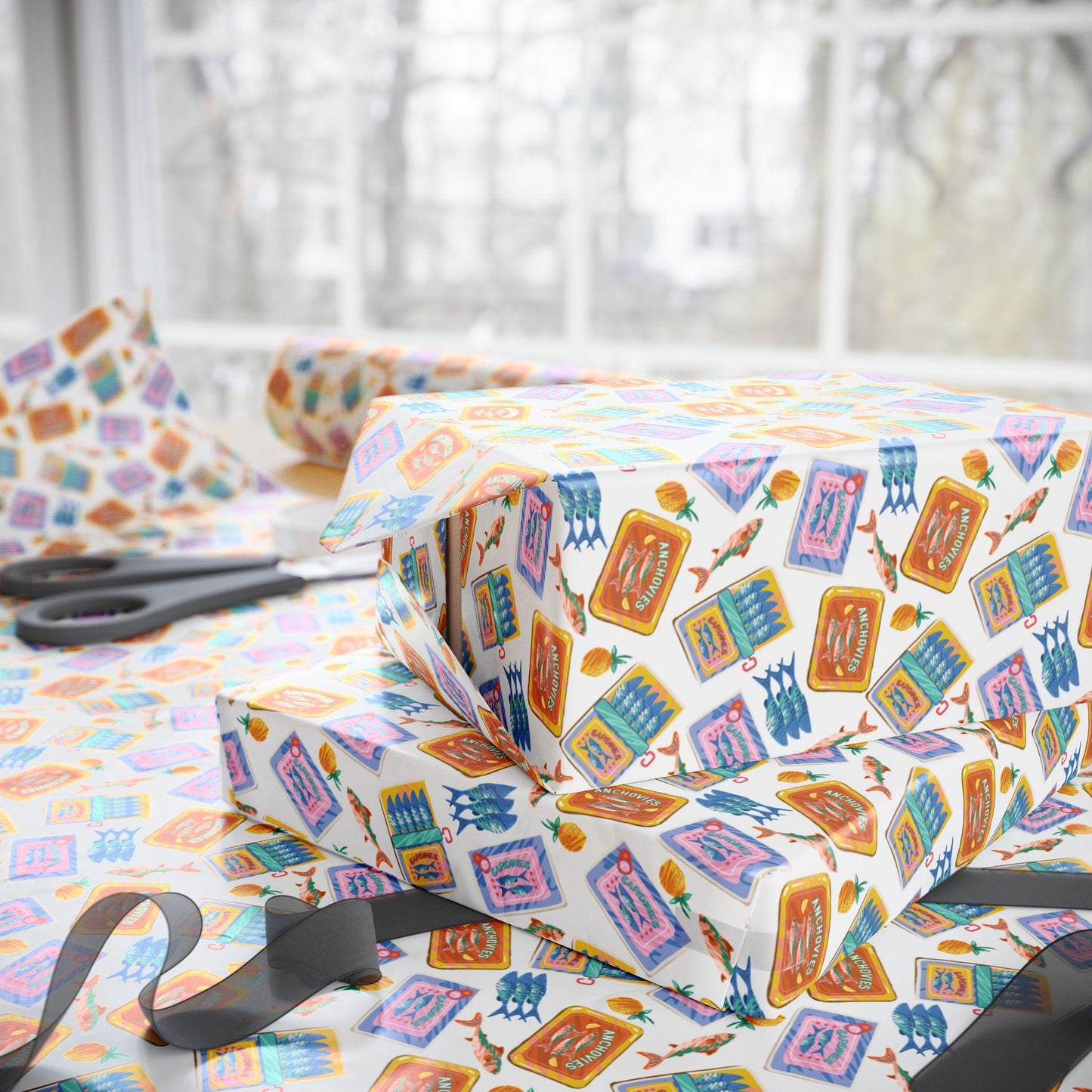 Vintage Sardine and Seafood Print Tin fish Wrapping Paper Italian Summer Gift Wrap Custom chef Mediterranean Foodie Gifts & Amalfi Coast