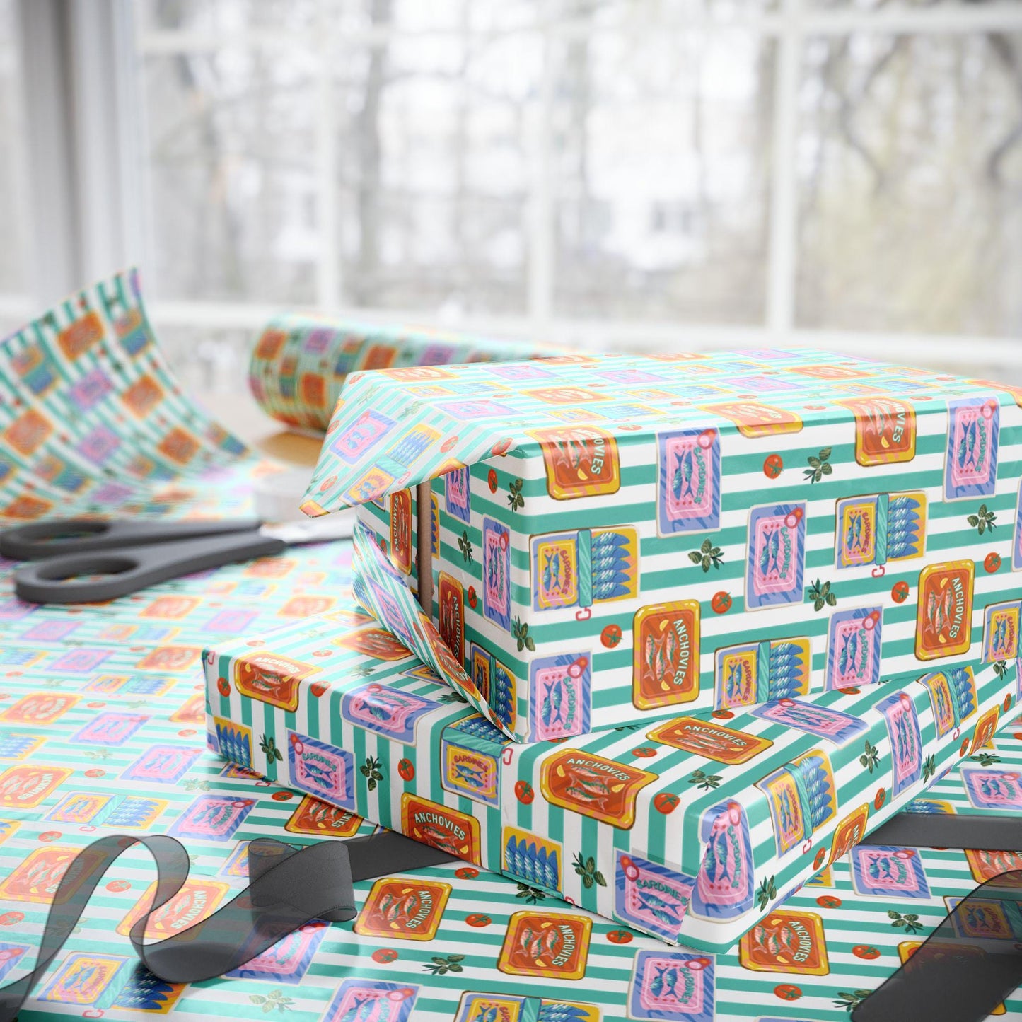 Sardine Print Wrapping Paper Mediterranean tinned fish Fisherman Aesthetic Vintage Food Art for Seafood print foodie Gifts Amalfi Coast