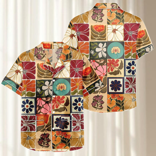 Retro Mosaic Floral Satin Pajama Short Set, Colorful Women Sleepwear, Artistic Boho Loungewear, Vintage Matching Pjs, Gift For Her