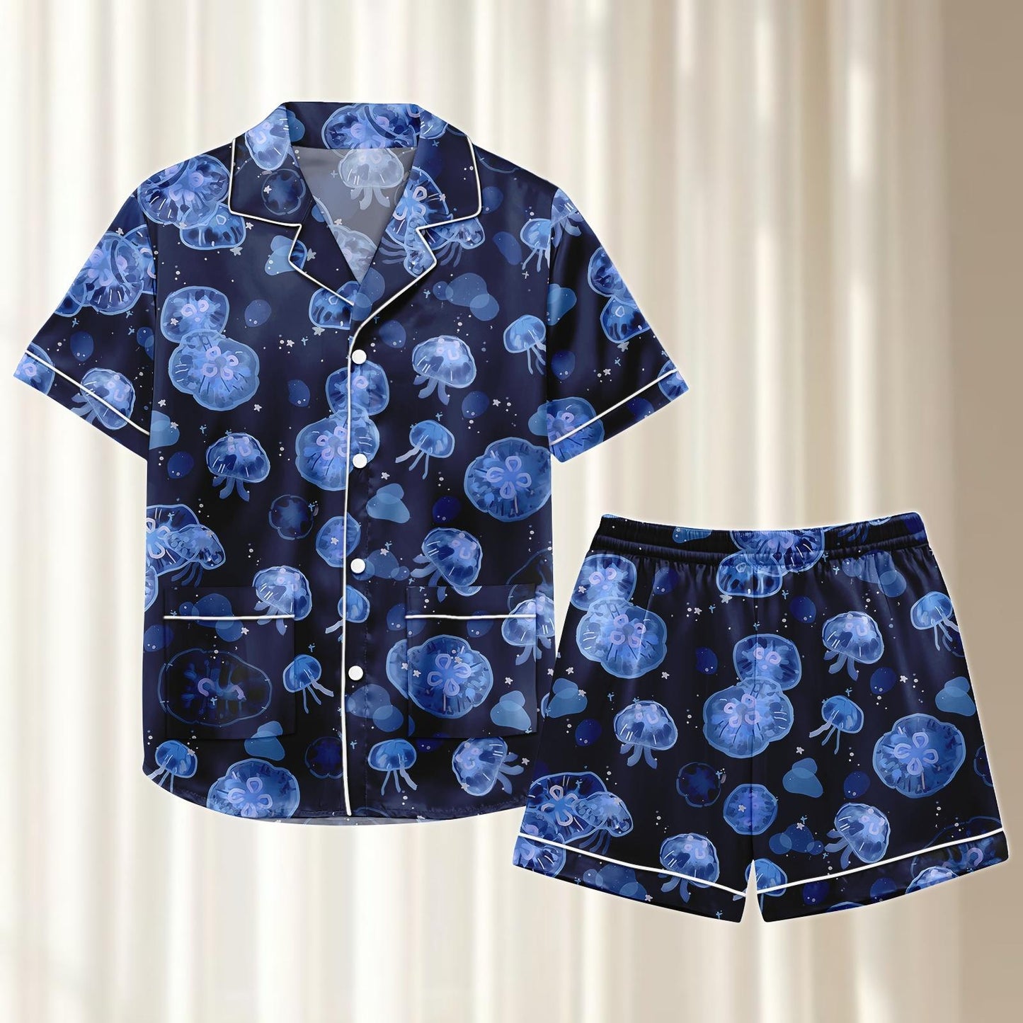 Jellyfish Satin Pajamas Short Set, Ocean Women Sleepwear, Cute Sea Creature Pjs, Summer Nightwear, Funny Holiday Pajamas, Gift For Her