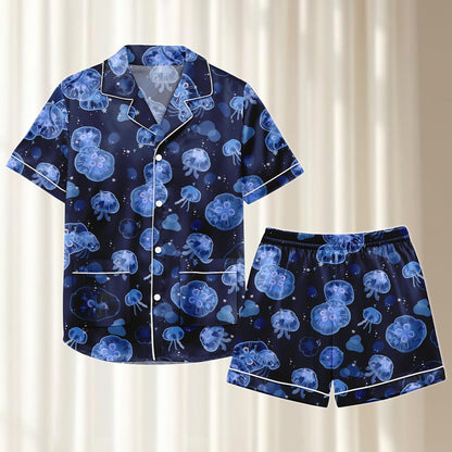 Jellyfish Satin Pajamas Short Set, Ocean Women Sleepwear, Cute Sea Creature Pjs, Summer Nightwear, Funny Holiday Pajamas, Gift For Her