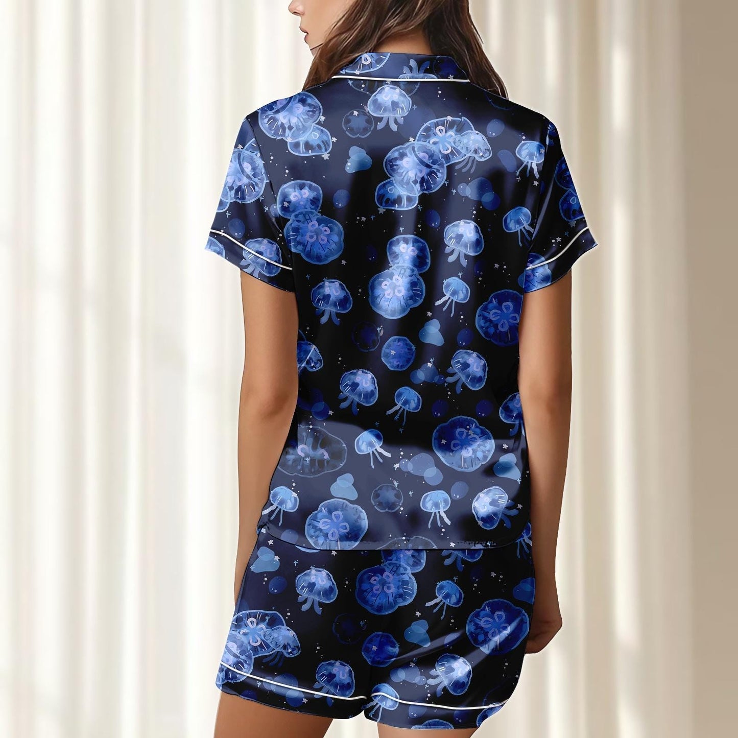 Jellyfish Satin Pajamas Short Set, Ocean Women Sleepwear, Cute Sea Creature Pjs, Summer Nightwear, Funny Holiday Pajamas, Gift For Her