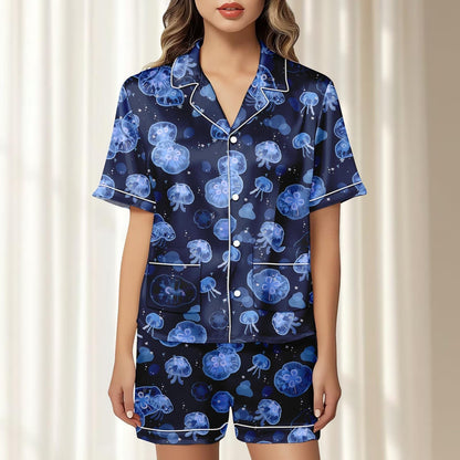Jellyfish Satin Pajamas Short Set, Ocean Women Sleepwear, Cute Sea Creature Pjs, Summer Nightwear, Funny Holiday Pajamas, Gift For Her