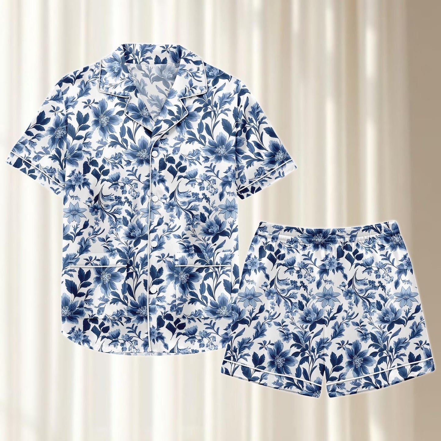 Navy Floral Satin Pajama Set, Elegant Botanical Summer Loungewear, Soft Nightwear Set, Vintage Matching Pjs, Holiday Pjs, Gift For Her