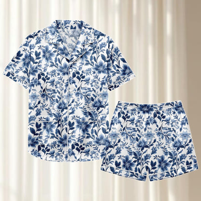 Navy Floral Satin Pajama Set, Elegant Botanical Summer Loungewear, Soft Nightwear Set, Vintage Matching Pjs, Holiday Pjs, Gift For Her