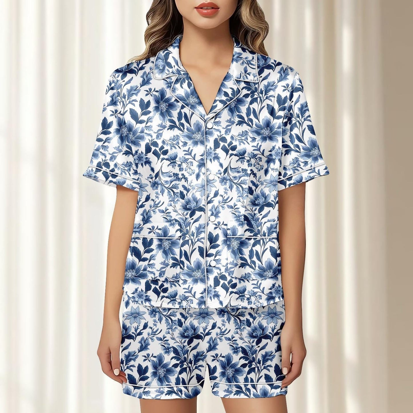 Navy Floral Satin Pajama Set, Elegant Botanical Summer Loungewear, Soft Nightwear Set, Vintage Matching Pjs, Holiday Pjs, Gift For Her