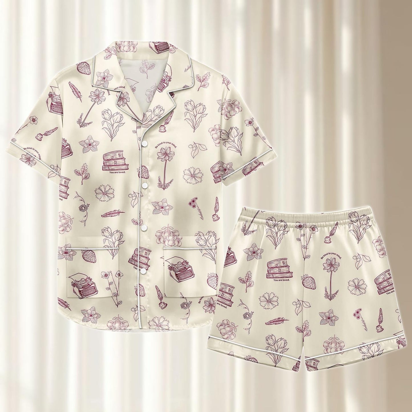 Bookish Satin Pajama Set, Floral Short Sleeve Sleepwear, Cozy Summer Pjs, Women Matching Pajamas Set, Funny Gift For Reader