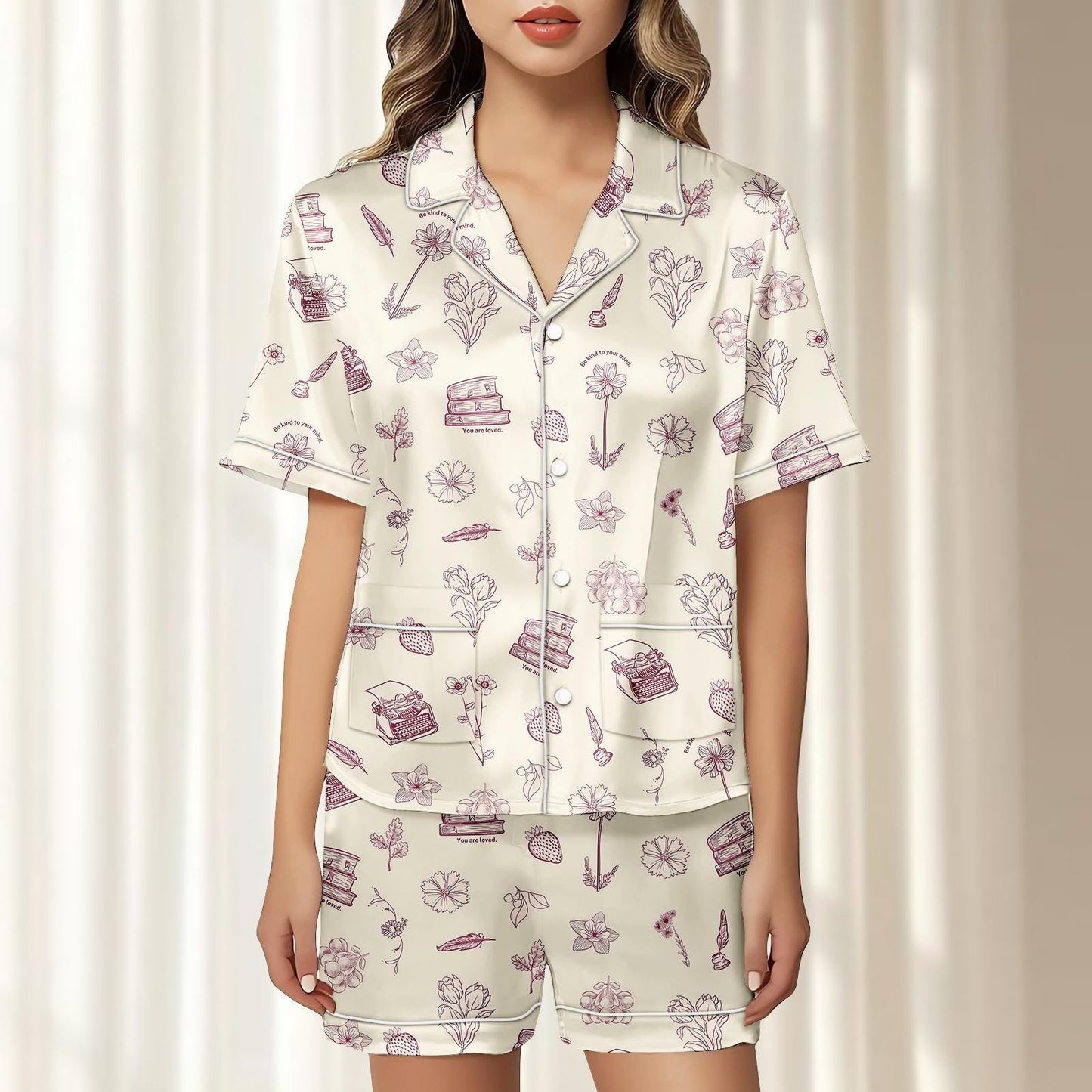 Bookish Satin Pajama Set, Floral Short Sleeve Sleepwear, Cozy Summer Pjs, Women Matching Pajamas Set, Funny Gift For Reader