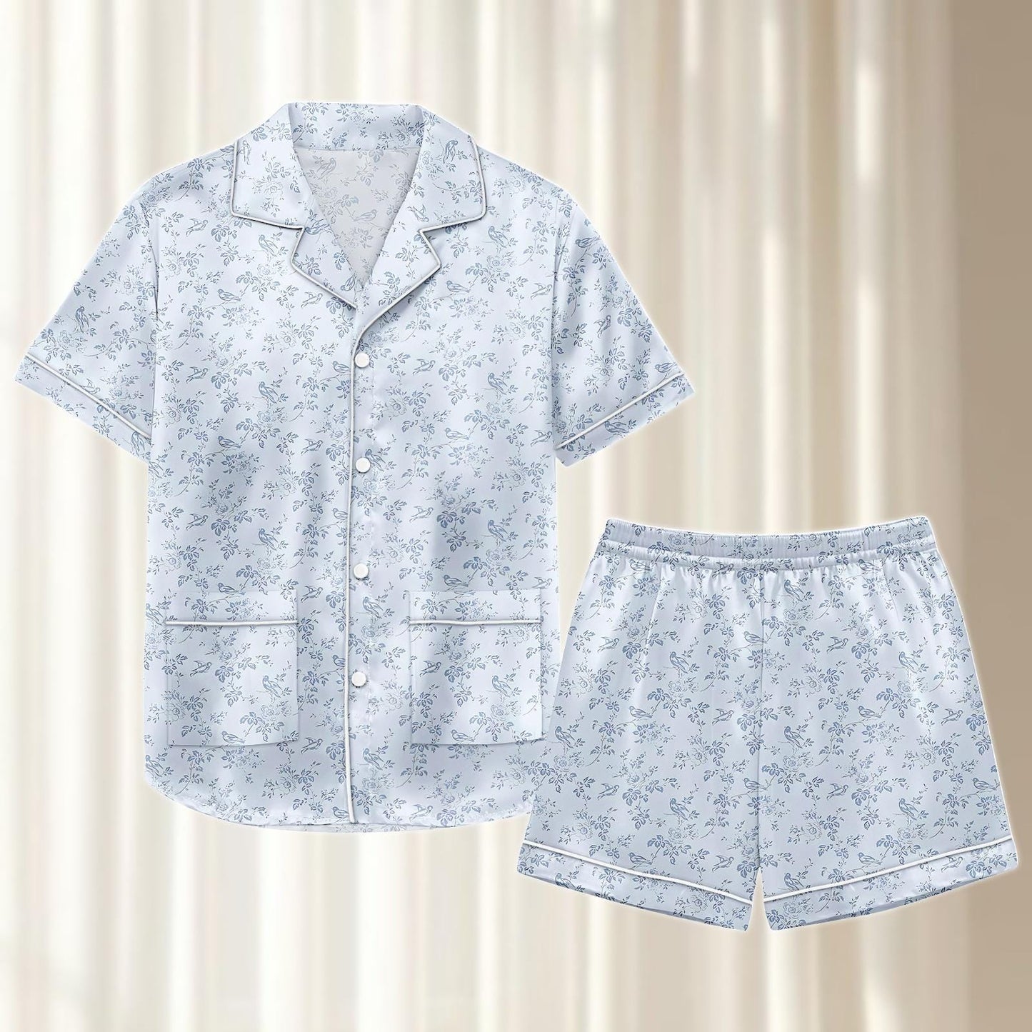 Blue Floral Satin Pajamas Short Set, Small Flower Nightwear, Soft Summer Loungewear, Matching Pajamas Set, Birthday Gift For Her