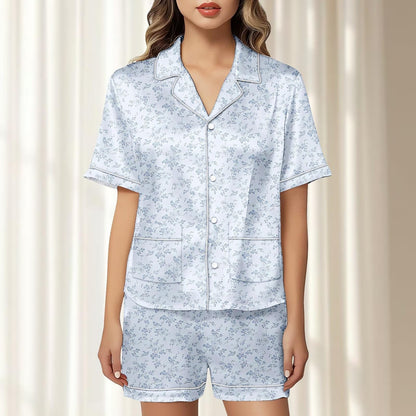 Blue Floral Satin Pajamas Short Set, Small Flower Nightwear, Soft Summer Loungewear, Matching Pajamas Set, Birthday Gift For Her