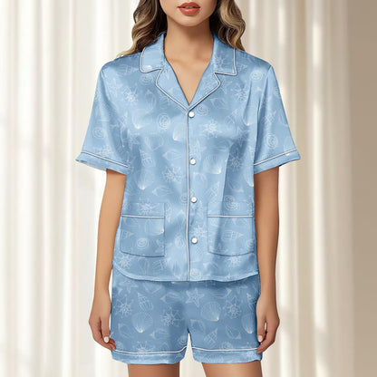 Seashell Satin Pajamas Short Set, Light Blue Ocean Women Sleepwear, Summer Loungewear, Coastal Beachy Pj Set, Funny Gift For Her