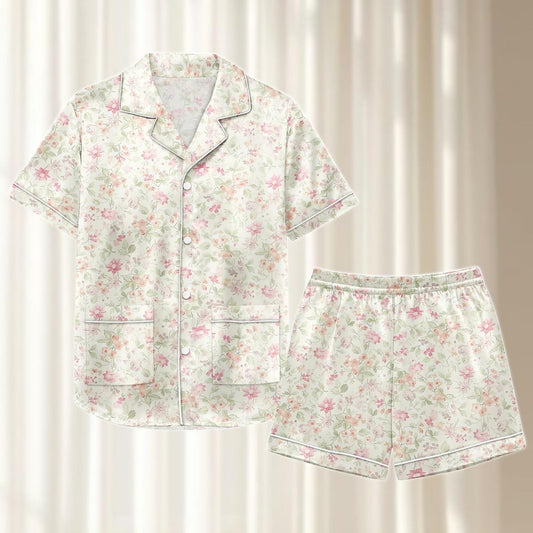 Pastel Floral Satin Pajamas Short Set, Pink Green Vintage Flower Sleepwear, Soft Summer Pjs, Cottagecore Loungewear, Gift For Her
