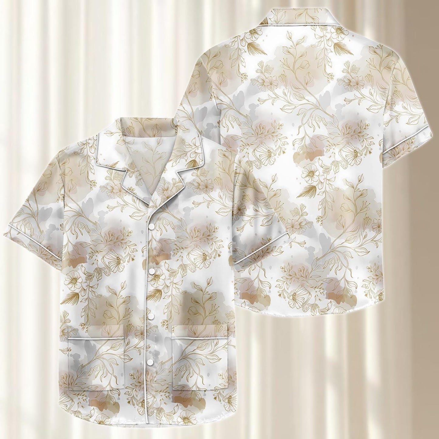 Gold Floral Satin Pajama Set, Elegant Gray Botanical Sleepwear, Women Loungewear, Vintage Matching Pjs, Birthday Gift For Her