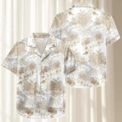 Gold Floral Satin Pajama Set, Elegant Gray Botanical Sleepwear, Women Loungewear, Vintage Matching Pjs, Birthday Gift For Her