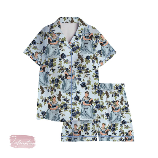 Jane Austen Floral Set | Silky Satin Pajama Set for Women | Regencycore Bookish Sleepwear | Cottagecore Author Lounge Gift
