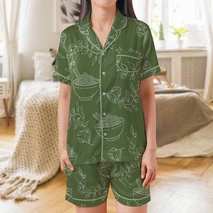 Ramen Satin Short Sleeves Pajama Set, Ramen Lover Women's Pajama Shorts Set