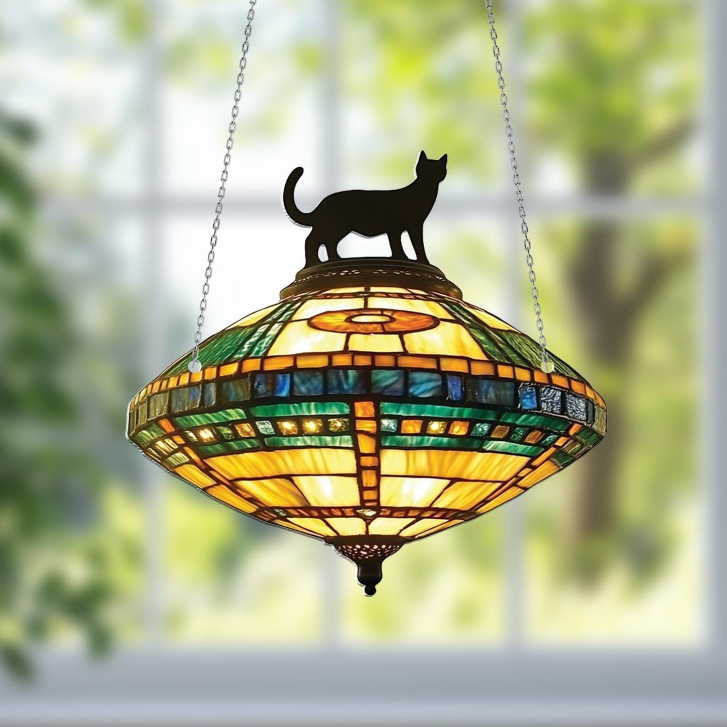 Vintage Cat Silhouette Hanging Light with Stained Look – Whimsical Lighting Accent for Cozy Homes, Cat Lovers, and Art Deco Interiors