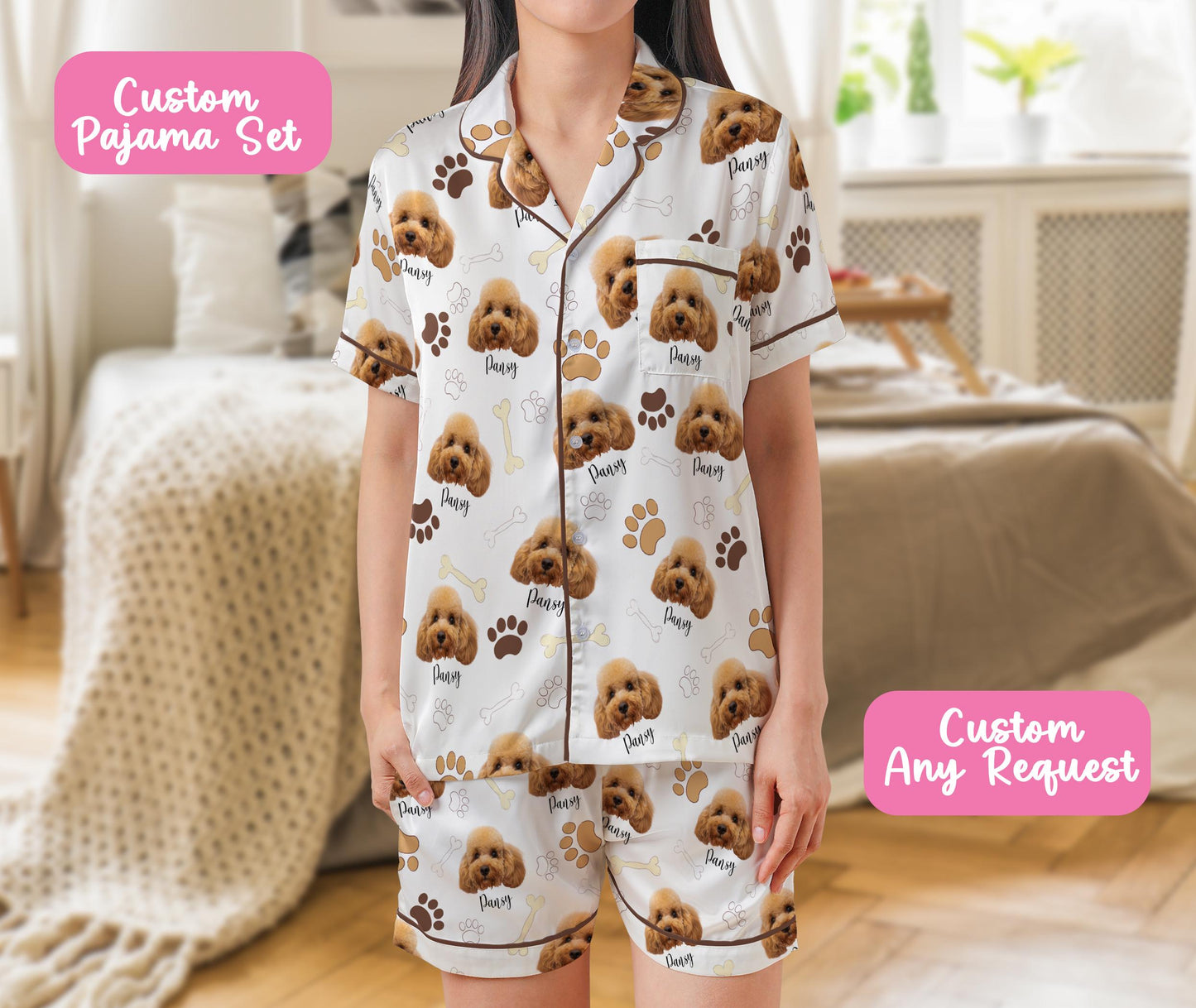 Custom Pet Face And Name Pajama Set, Personalized Short Sleeve Pajamas for Dog Cat Owners, Funny Pet Photo Sleepwear, Pet Lovers Gift