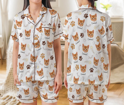 Custom Pet Face And Name Pajama Set, Personalized Short Sleeve Pajamas for Dog Cat Owners, Funny Pet Photo Sleepwear, Pet Lovers Gift