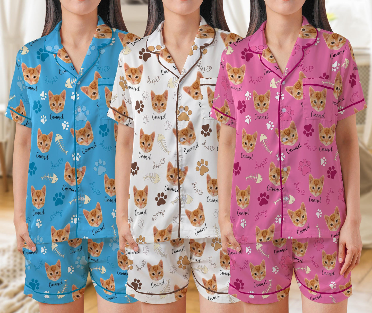 Custom Pet Face And Name Pajama Set, Personalized Short Sleeve Pajamas for Dog Cat Owners, Funny Pet Photo Sleepwear, Pet Lovers Gift