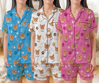 Custom Pet Face And Name Pajama Set, Personalized Short Sleeve Pajamas for Dog Cat Owners, Funny Pet Photo Sleepwear, Pet Lovers Gift
