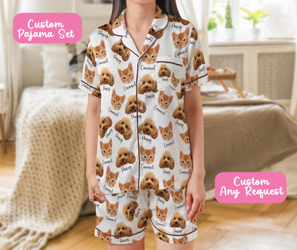 Custom Pet Face And Name Pajama Set, Personalized Short Sleeve Pajamas for Dog Cat Owners, Funny Pet Photo Sleepwear, Pet Lovers Gift