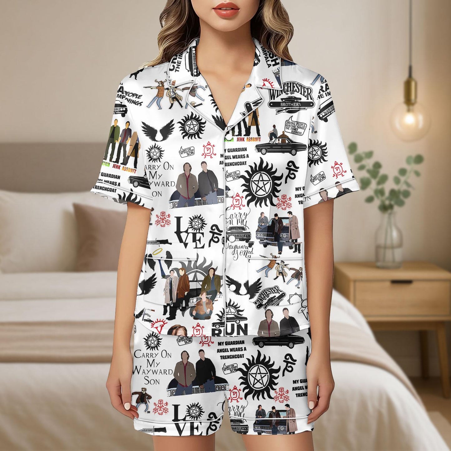 Supernatural Satin Pajamas Shorts, Winchester Brothers Sleepwear, Carry On My Wayward Son Pajamas, TV Show Pajamas, Gift For Her