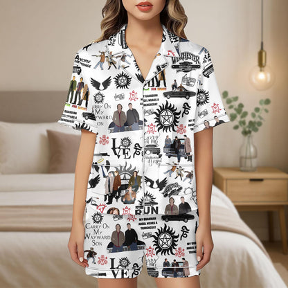Supernatural Satin Pajamas Shorts, Winchester Brothers Sleepwear, Carry On My Wayward Son Pajamas, TV Show Pajamas, Gift For Her