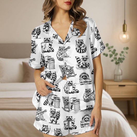 Raccoon Satin Pajamas Shorts, Vintage Animal Sleepwear, Sketch Style Pajamas, Forest Animal Pajamas, Gift For Her