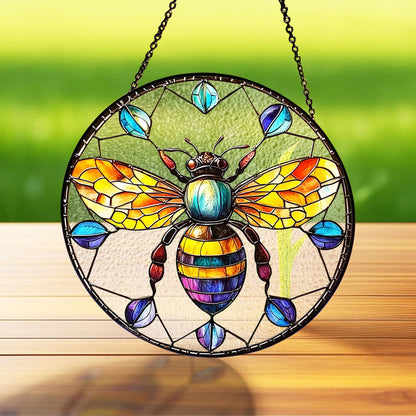 Bee Stained Glass Suncatcher, Honeybee Glass Window Hanging, Garden Decor Gift, Bee Glass Ornament, Nature Lover Gift, Gift For Garden Lover